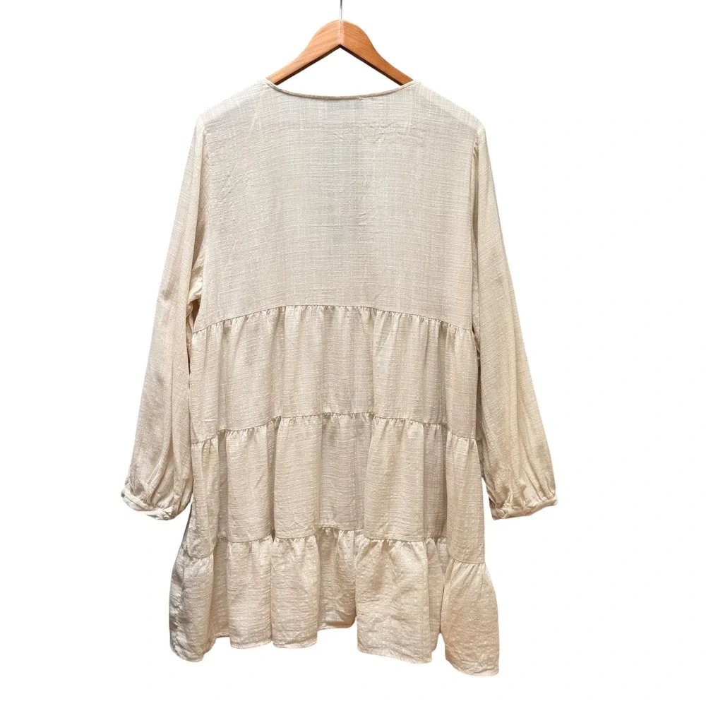 Zara Dress Womens XL Cream Embroidered Tassel Boho Tiered Babydoll Tunic Mini - Picture 6 of 11